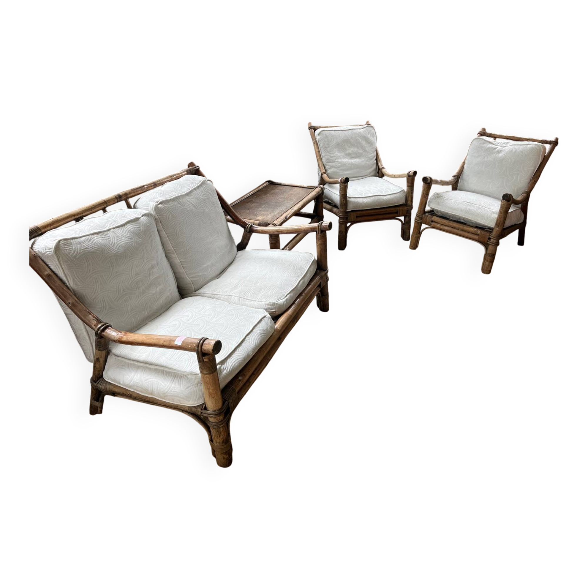 Salon rotin bambou complet fauteuil x2 canapé table basse