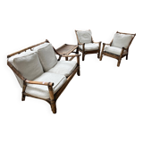 Complete bamboo rattan lounge set with armchair x2, sofa, coffee table