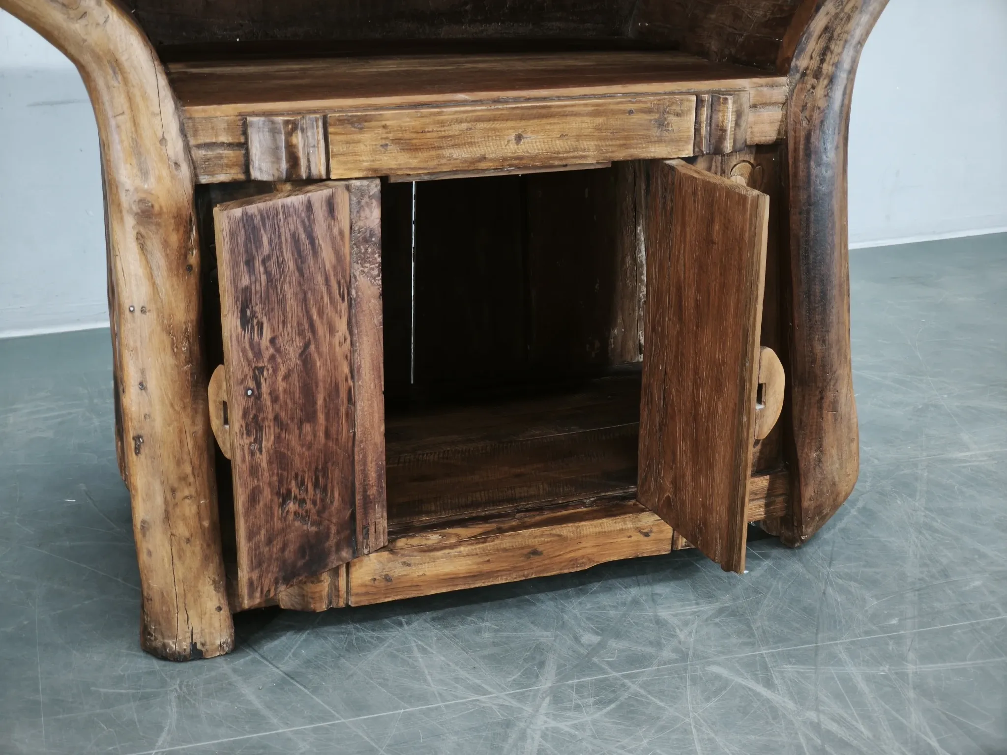 1970s Asian Rustic Solid Wood Console Table, Hand-Carved Primitive Sideboar
