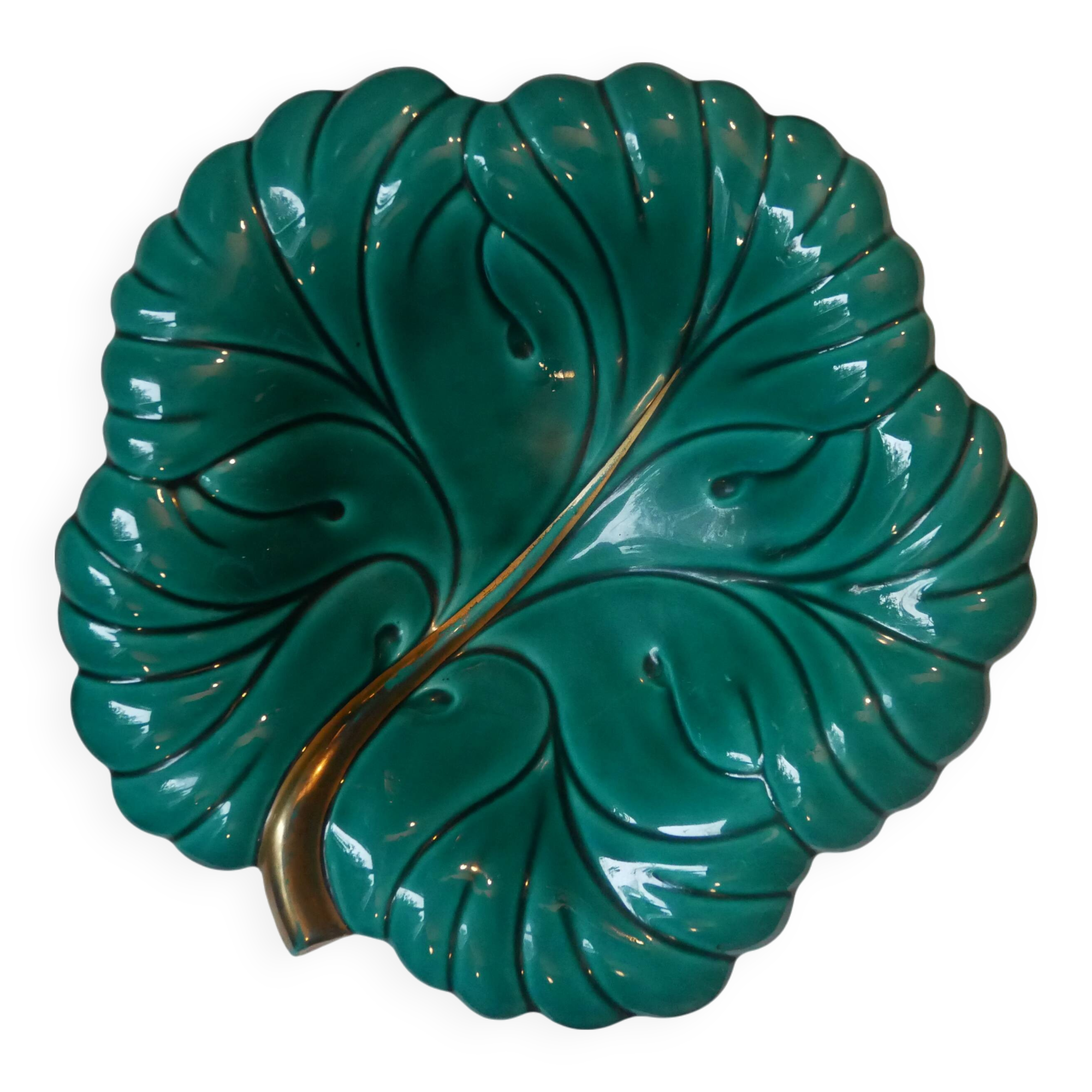 empty ceramic fruit bowl barbotine cabbage leaf vintage made in France retro