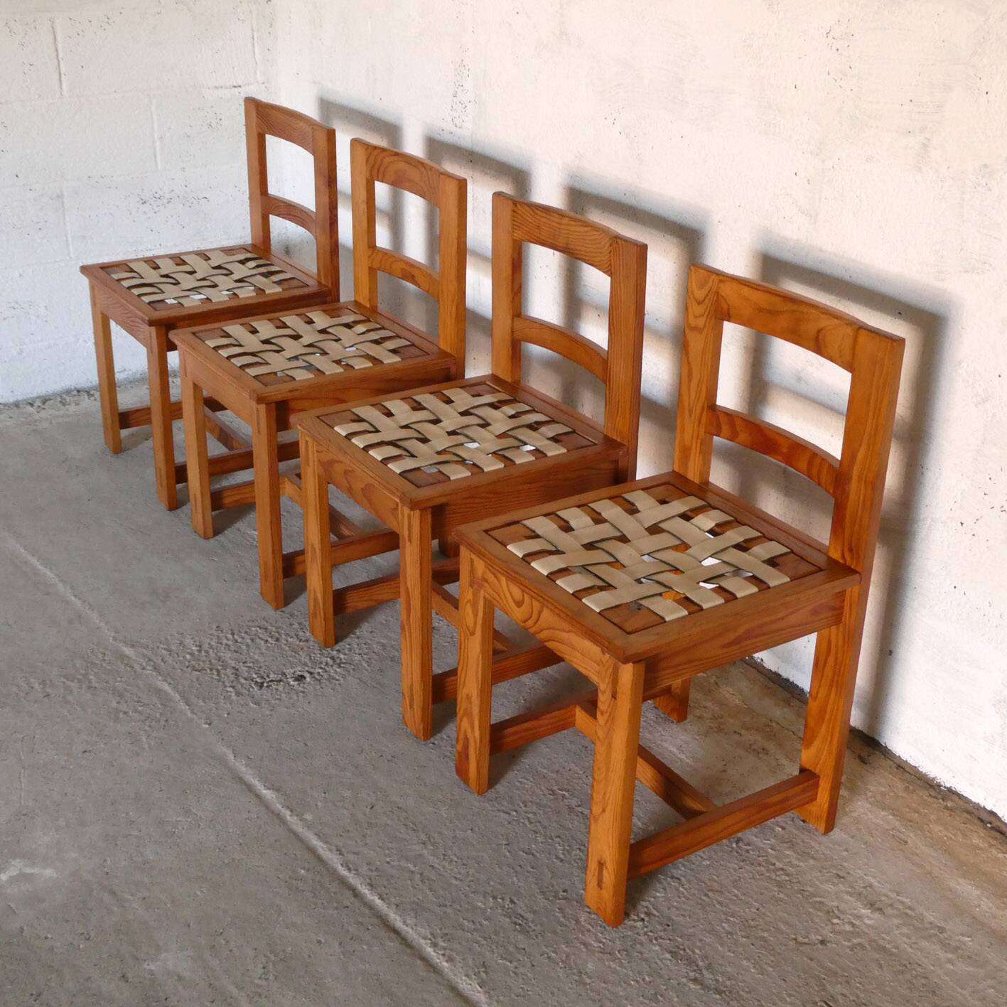 set of 4 pine and leather chairs, 1970
