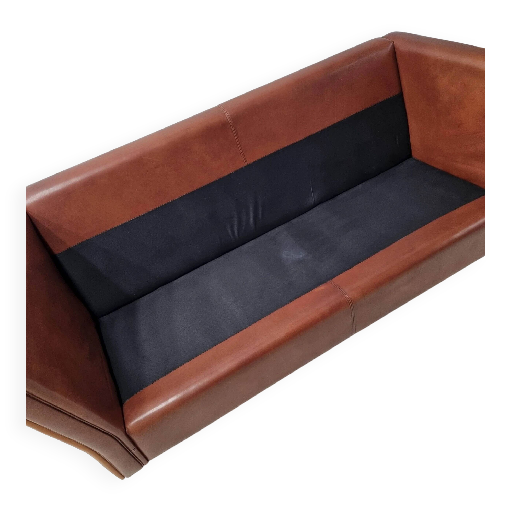 Vintage striped brown orange leather sofa (210 cm x 88 cm)