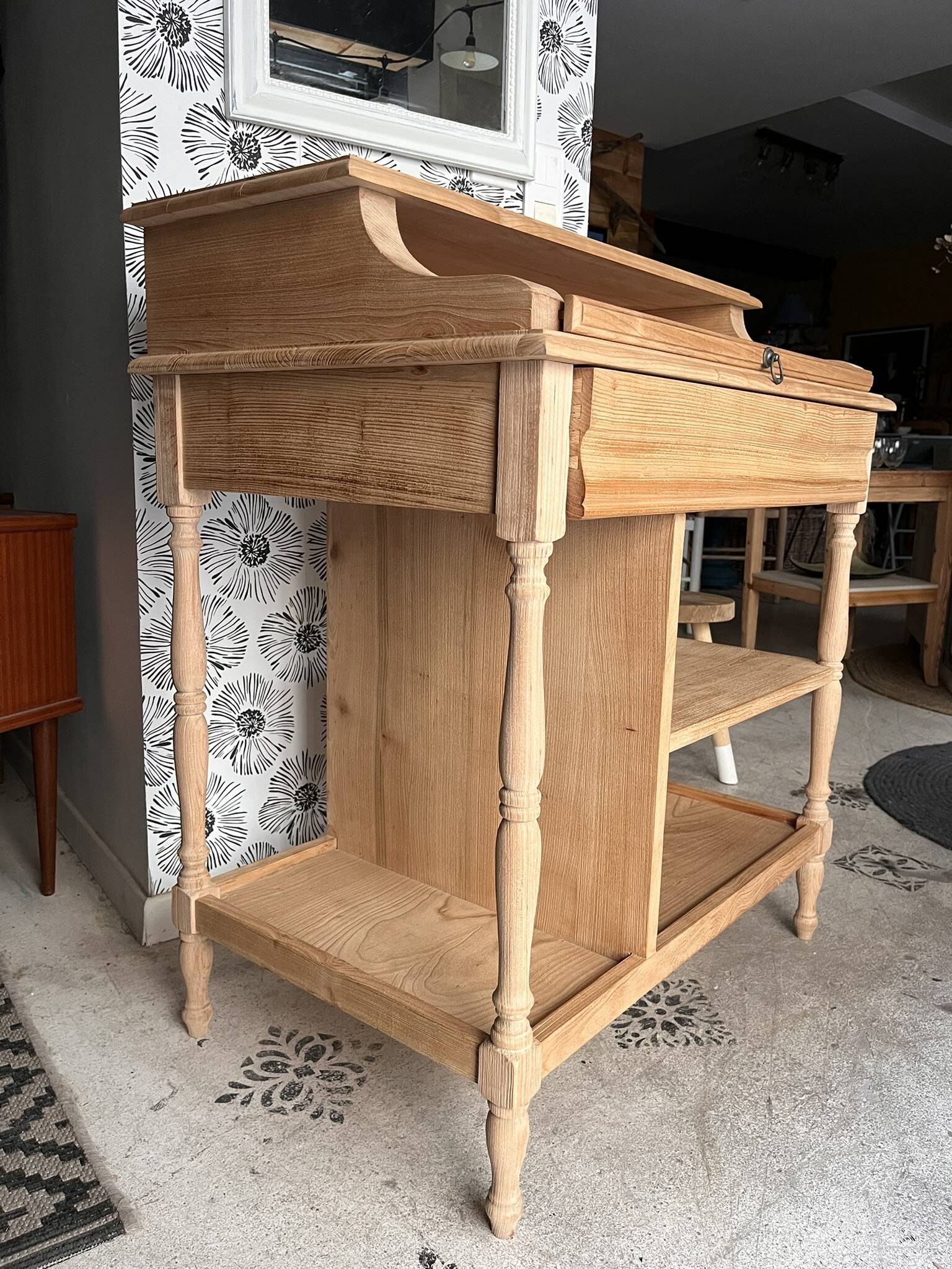Bureau secrétaire console bois clair vintage Alphonse avec tiroir