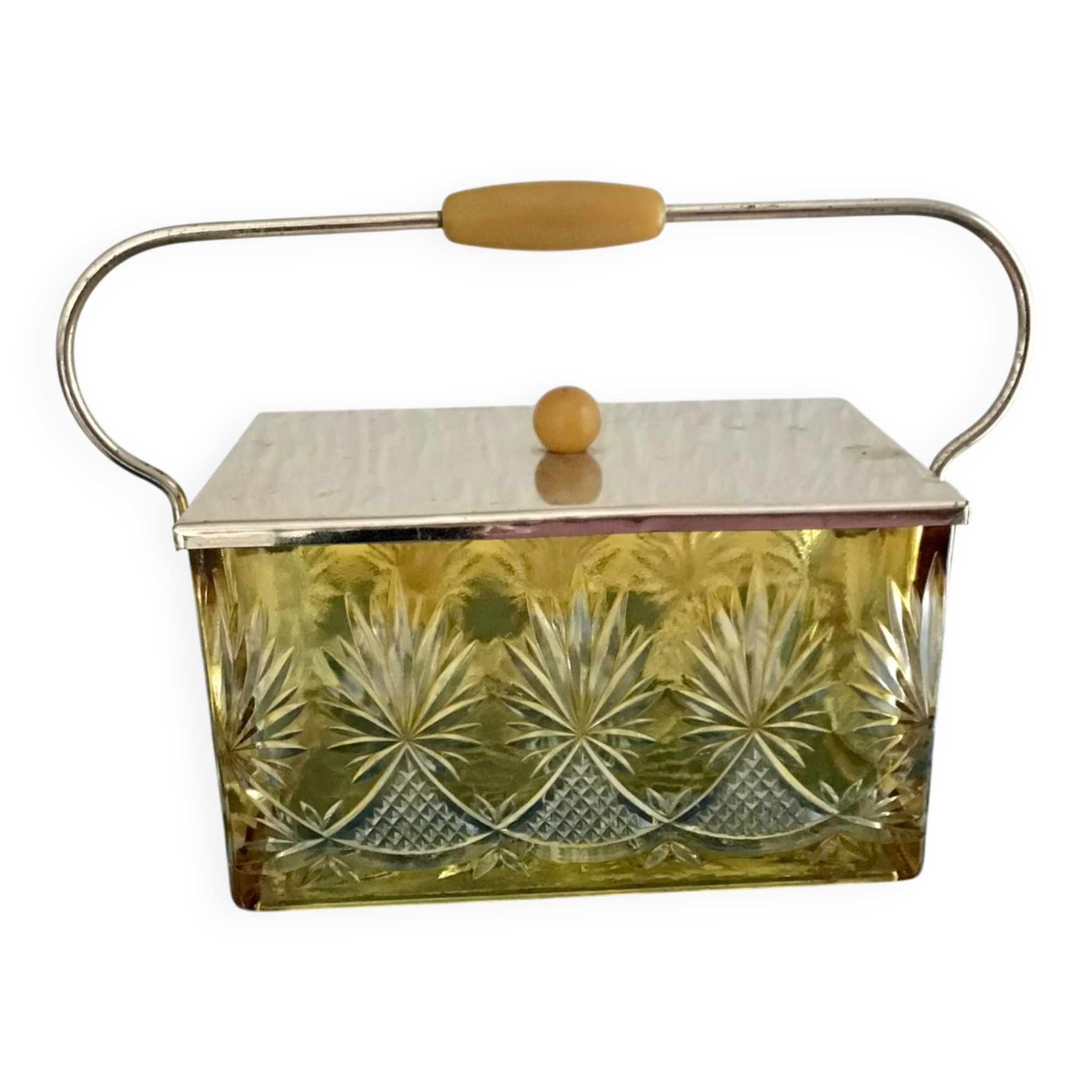 Amber cut crystal bonbonnière, metal mount – Art Deco