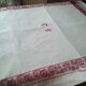 Antique damask cotton tablecloth with red border and CF monogram, 1.18 x 1.3