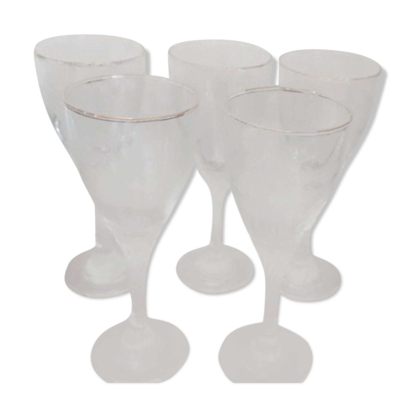 5 white wine glasses etched decorations, golden edge, twisted foot