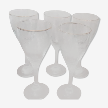 5 white wine glasses etched decorations, golden edge, twisted foot