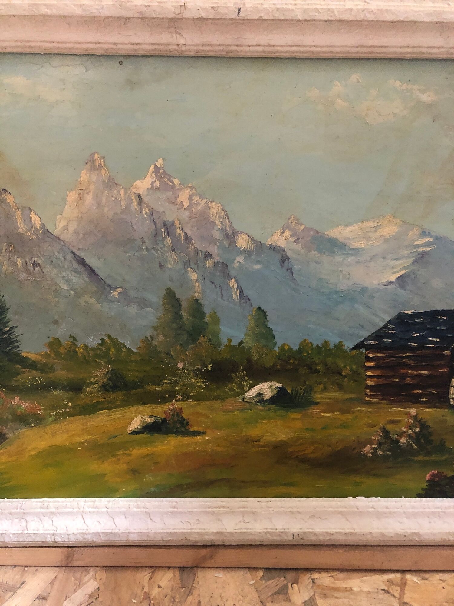 Old painting oil on panel p. FOY Mountain view + Frame Wood Vintage White
