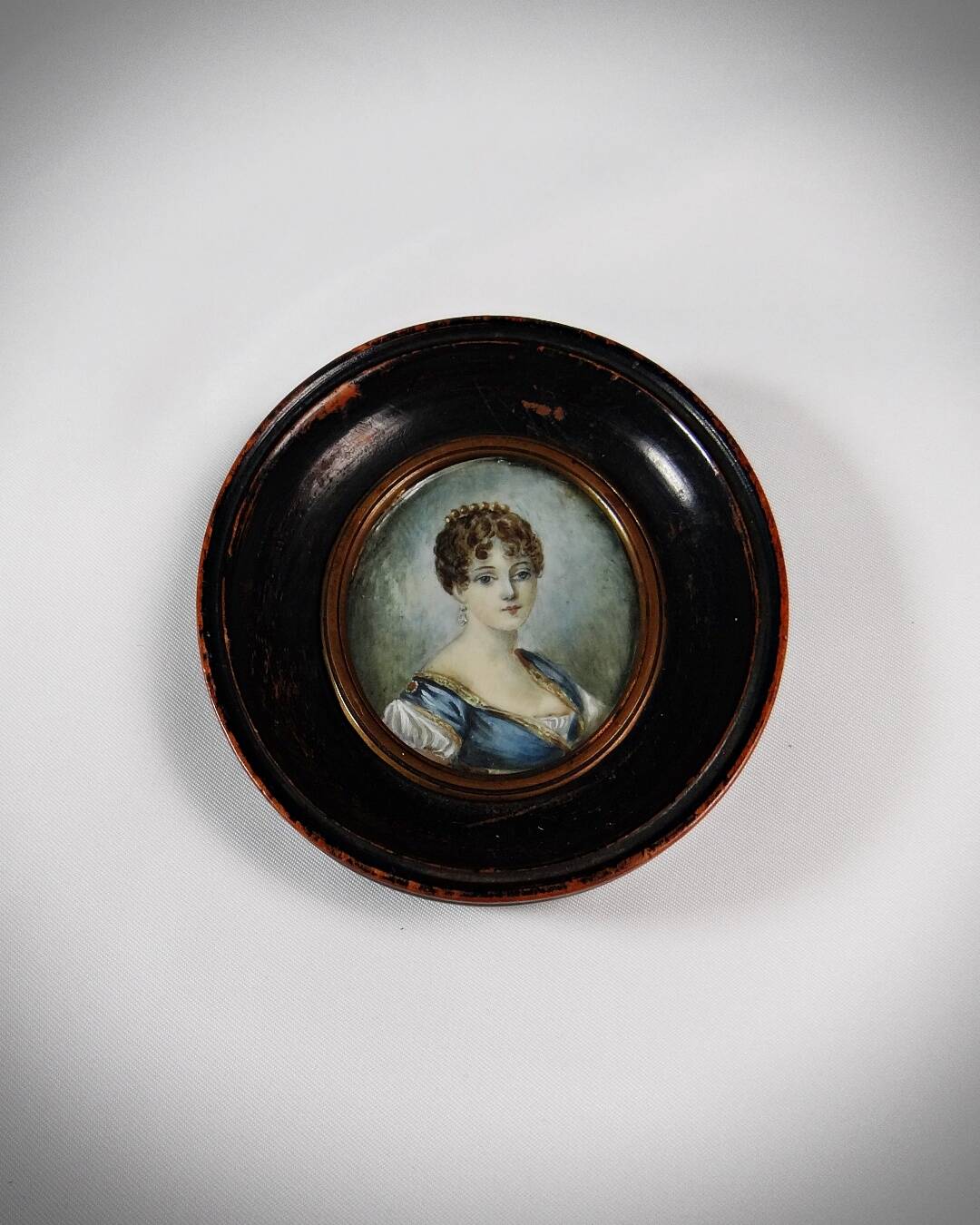 Tondo miniature portrait of a woman Empire style hand-painted gouache