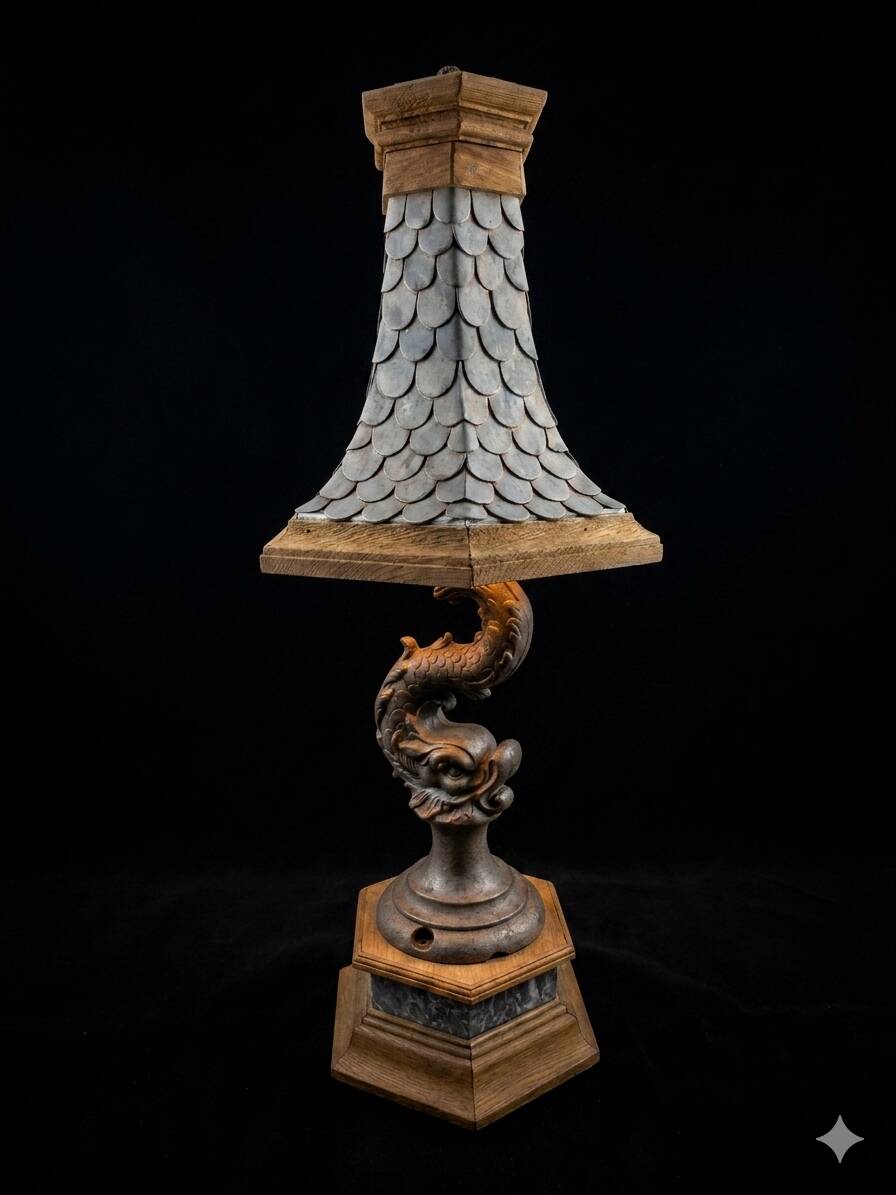 Monumental lamp with a dolphin in cast iron and lead scales - 110cm