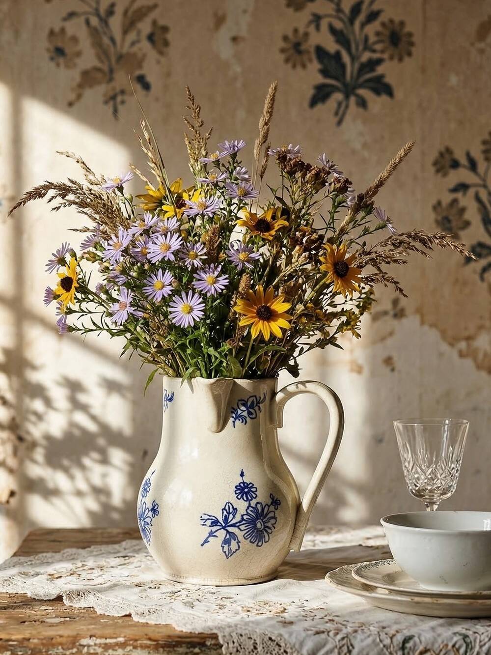 Fine earthenware pitcher with blue decoration, attributed to Saint-Uze, 19th century.