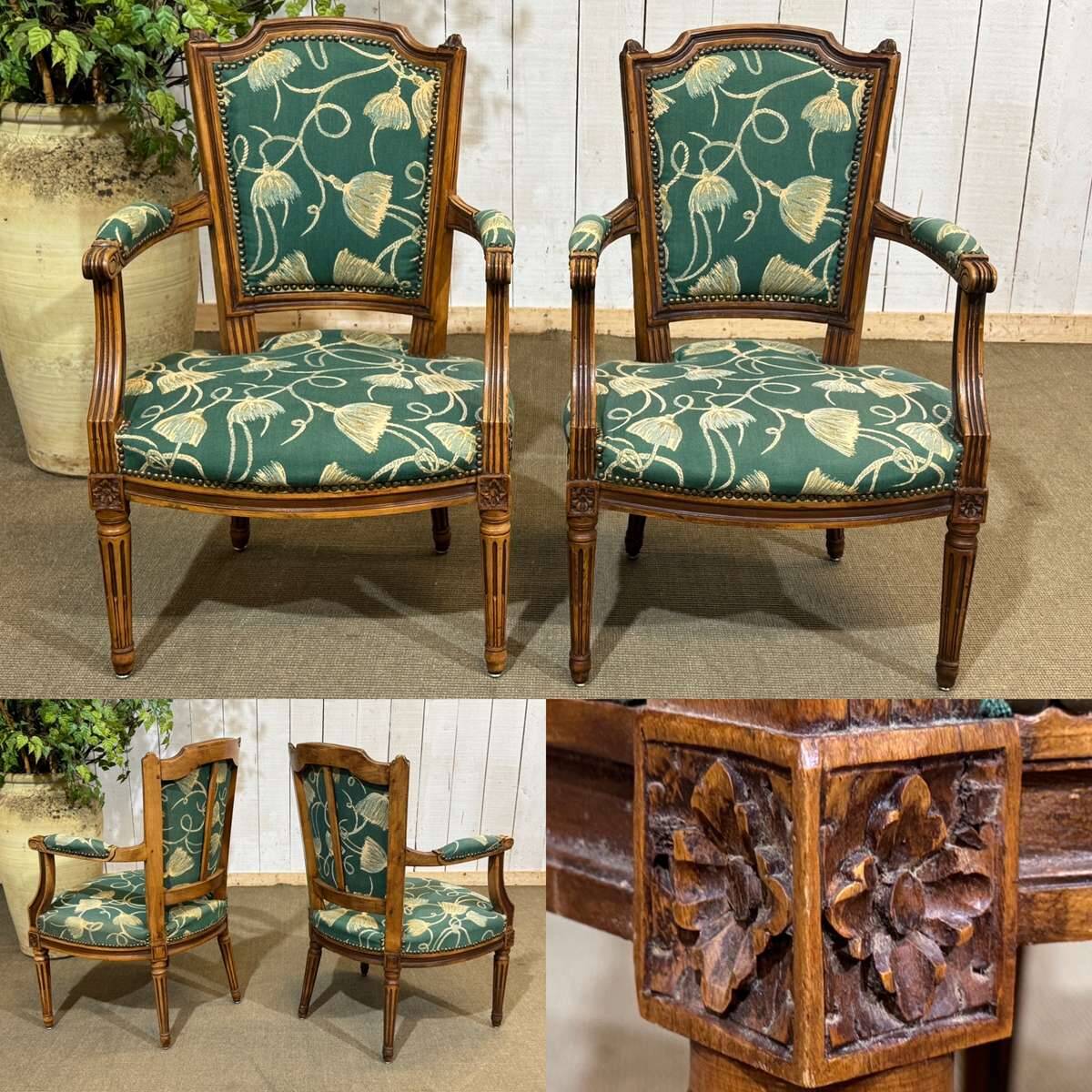 Pair of Louis XVI style armchairs in beech from the 19th century.