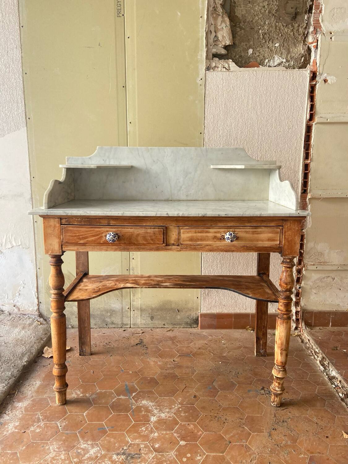 Antique solid wood dressing table with marble top