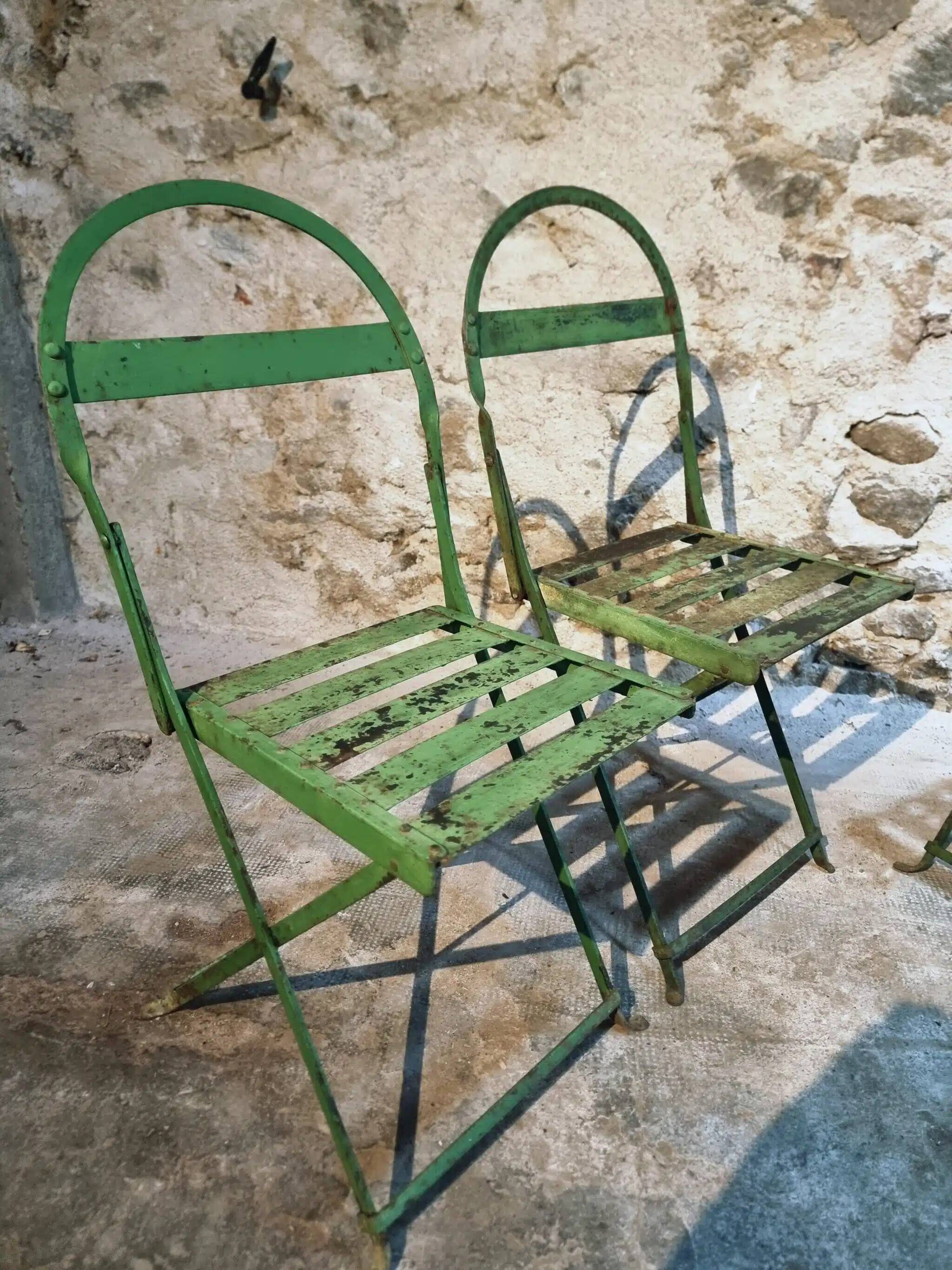 Set of 4 Antique Iron Folding Garden Chairs - 1920s Riveted Bistro Chairs with Aged Green Patina