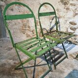 Set of 4 Antique Iron Folding Garden Chairs - 1920s Riveted Bistro Chairs with Aged Green Patina