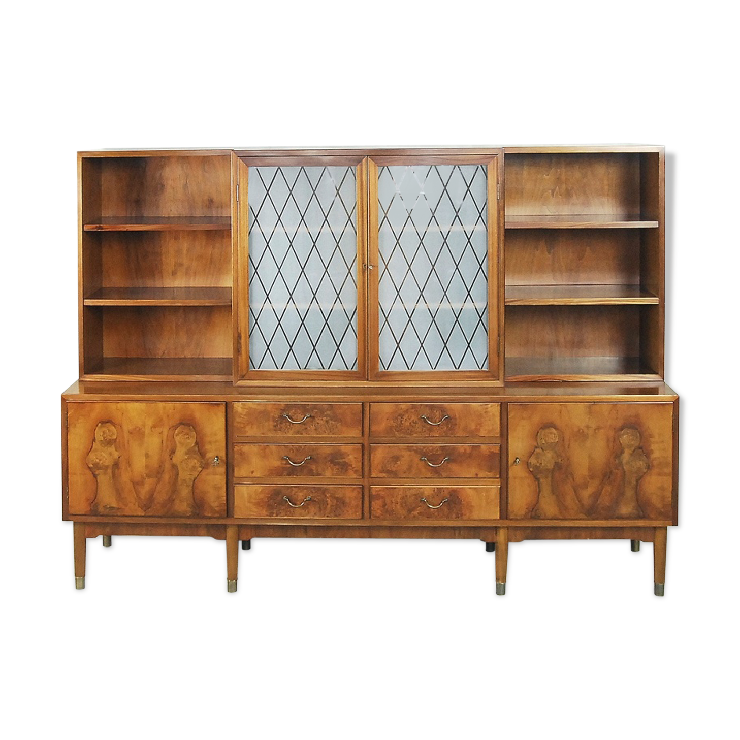 Antique Walnut and Burl Swedish Buffet with Glass Vitrine, 1940s