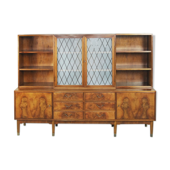 Antique Walnut and Burl Swedish Buffet with Glass Vitrine, 1940s