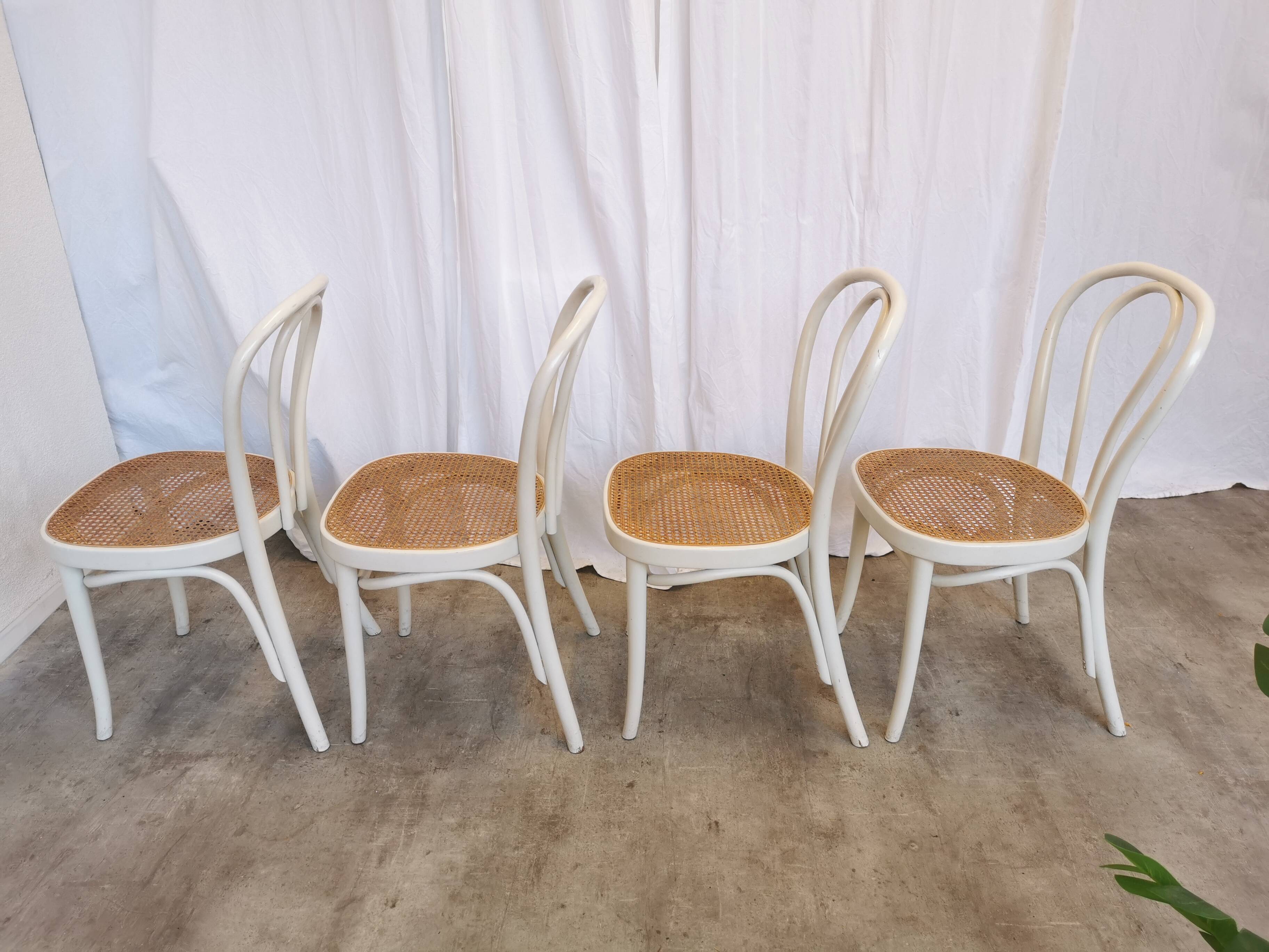 Set of 4 Vintage Thonet Style Dining Chairs: White Wood & Cane