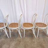 Set of 4 Vintage Thonet Style Dining Chairs: White Wood & Cane