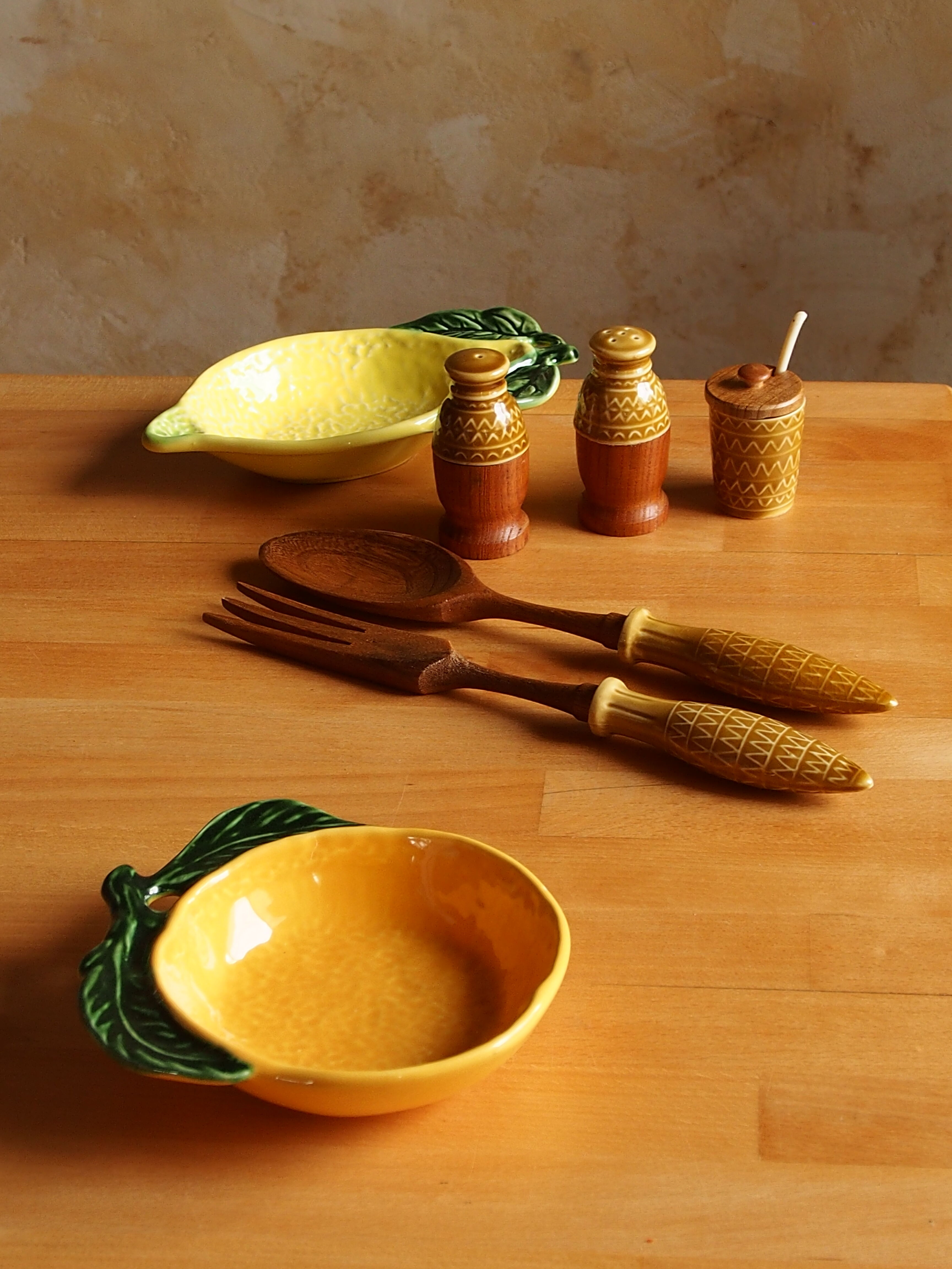 Vintage salt shaker, pepper, mustard and salad cutlery set
