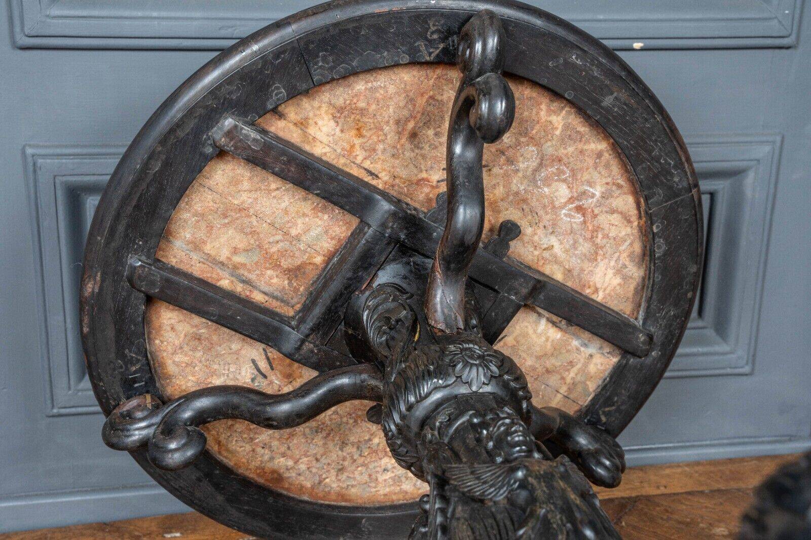Indochina ironwood pedestal table decor winged character marble top 19th century