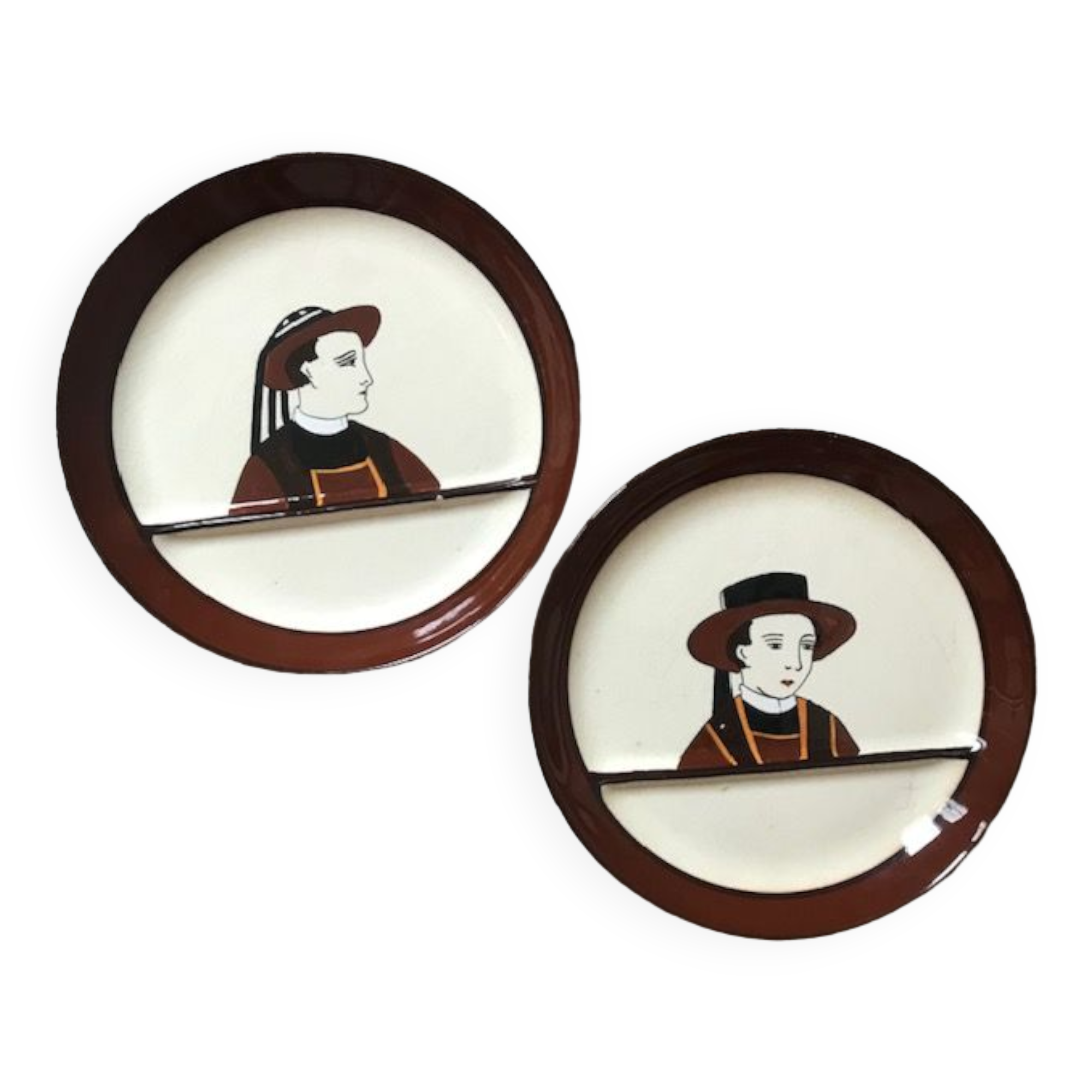 set of 2 asparagus plates HB Quimper Breton character