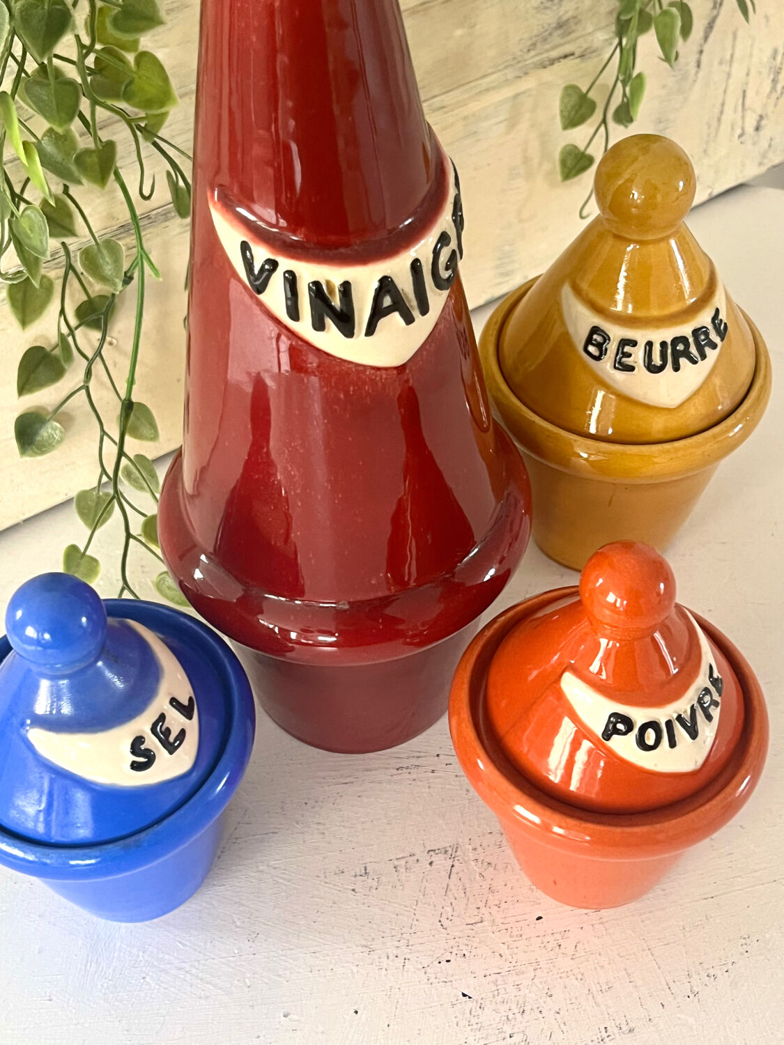 French 1950s ceramic vinaigrette set, Pol Chambost style