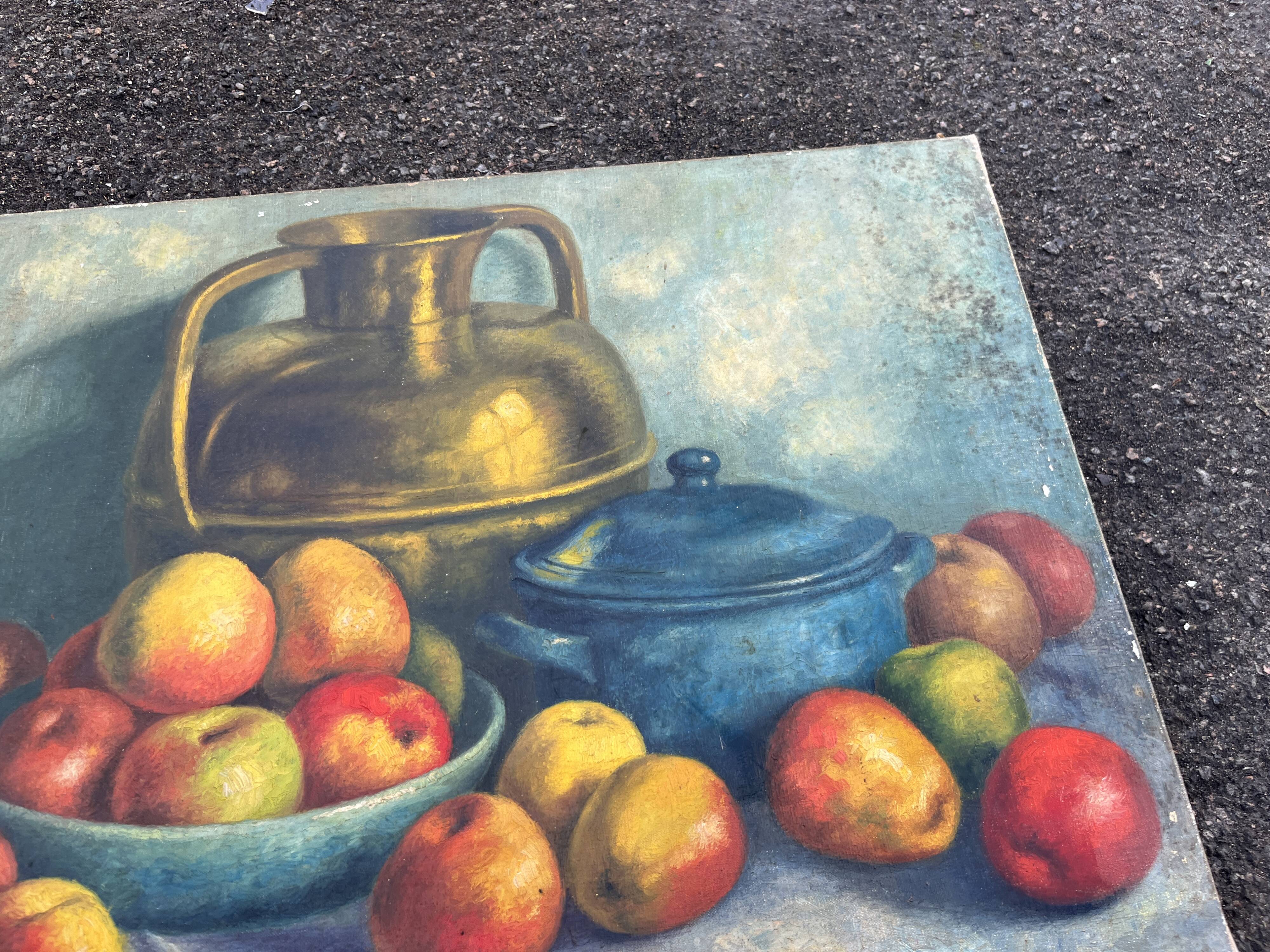 Antique painting Still life – apples, blue pottery and brass jug