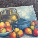 Antique painting Still life – apples, blue pottery and brass jug
