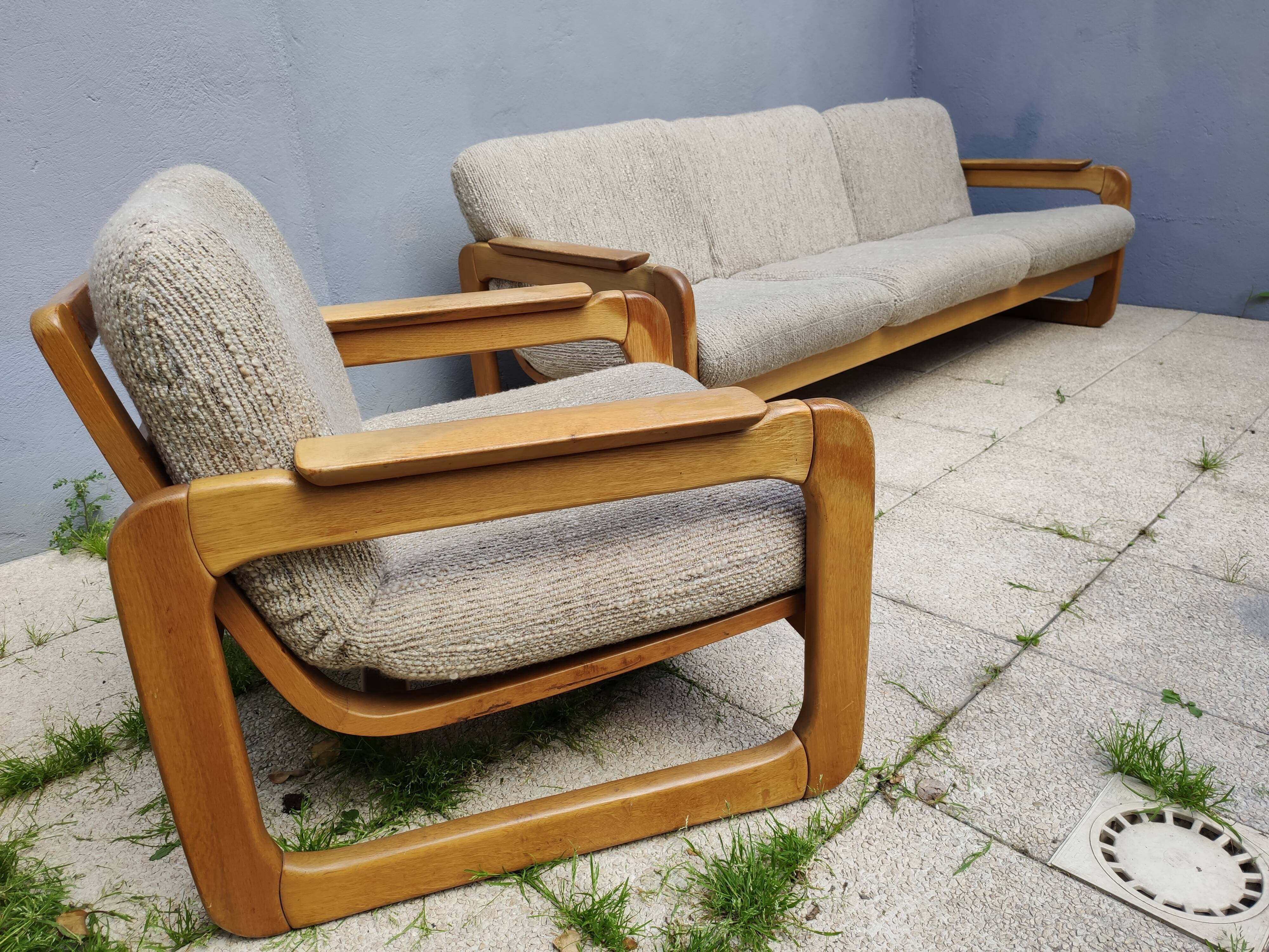 Set of 3-seater sofa + sled chair, 60/70's in oak
