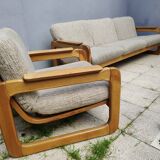 Set of 3-seater sofa + sled chair, 60/70's in oak