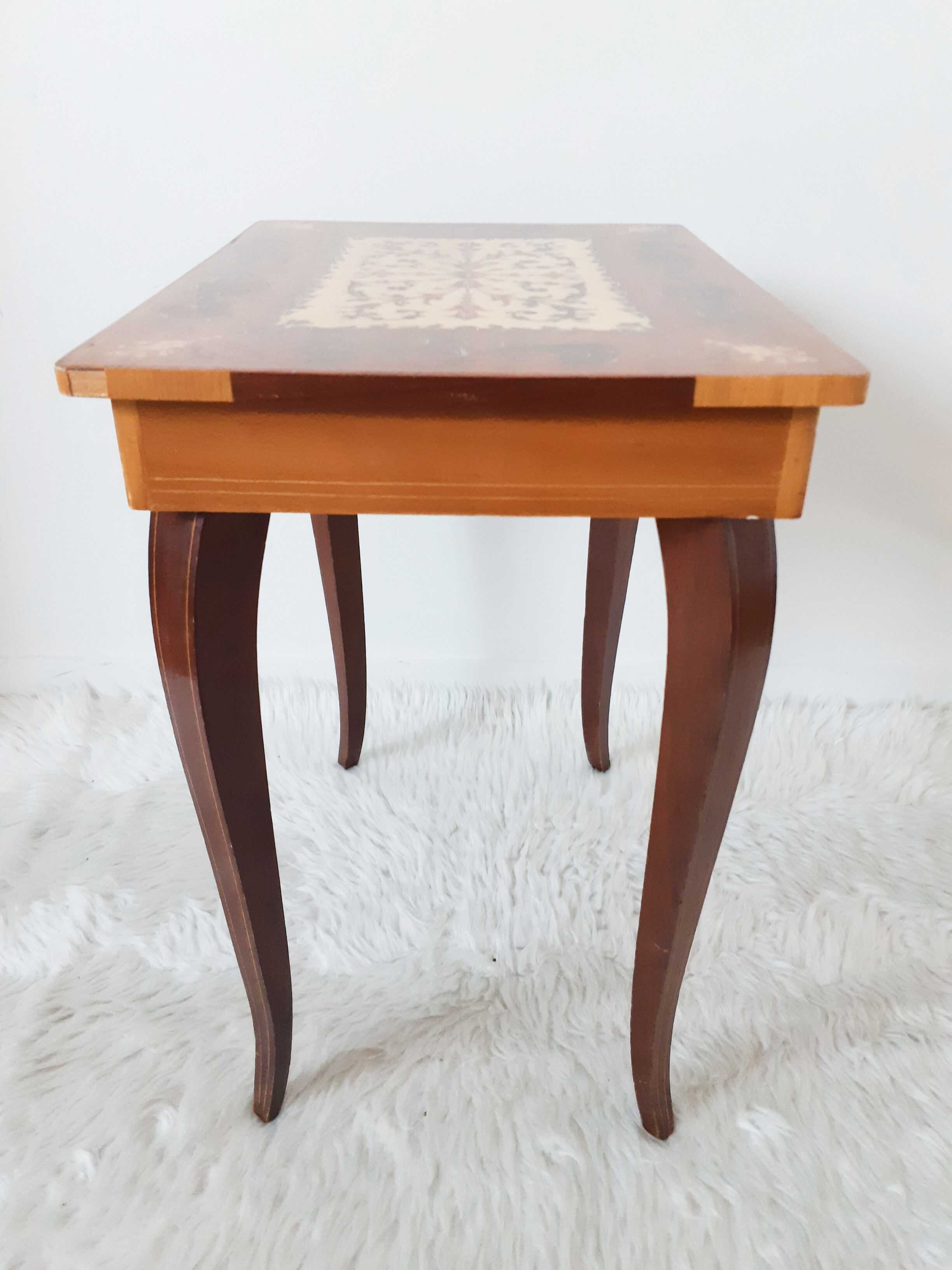 Stella chime, music box table, jewelry box, wood marquetry, side table, bedside table