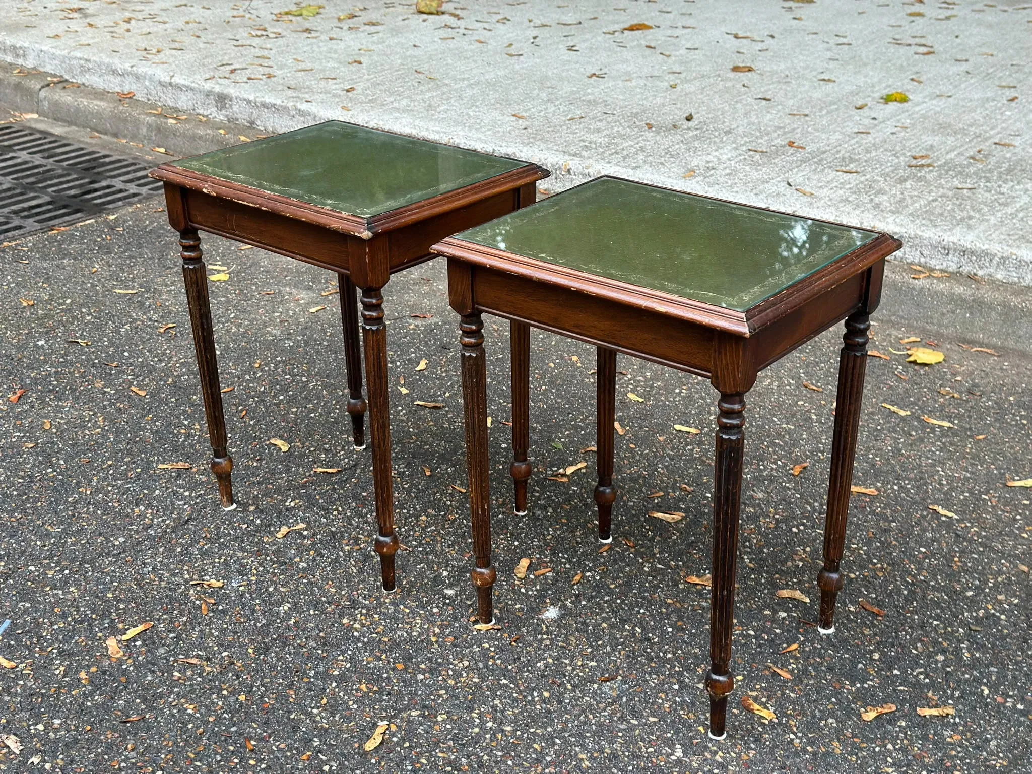 2 side tables, English Regency style, green leather & glass, 1960s.