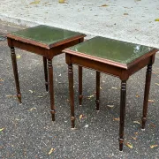 2 side tables, English Regency style, green leather & glass, 1960s.