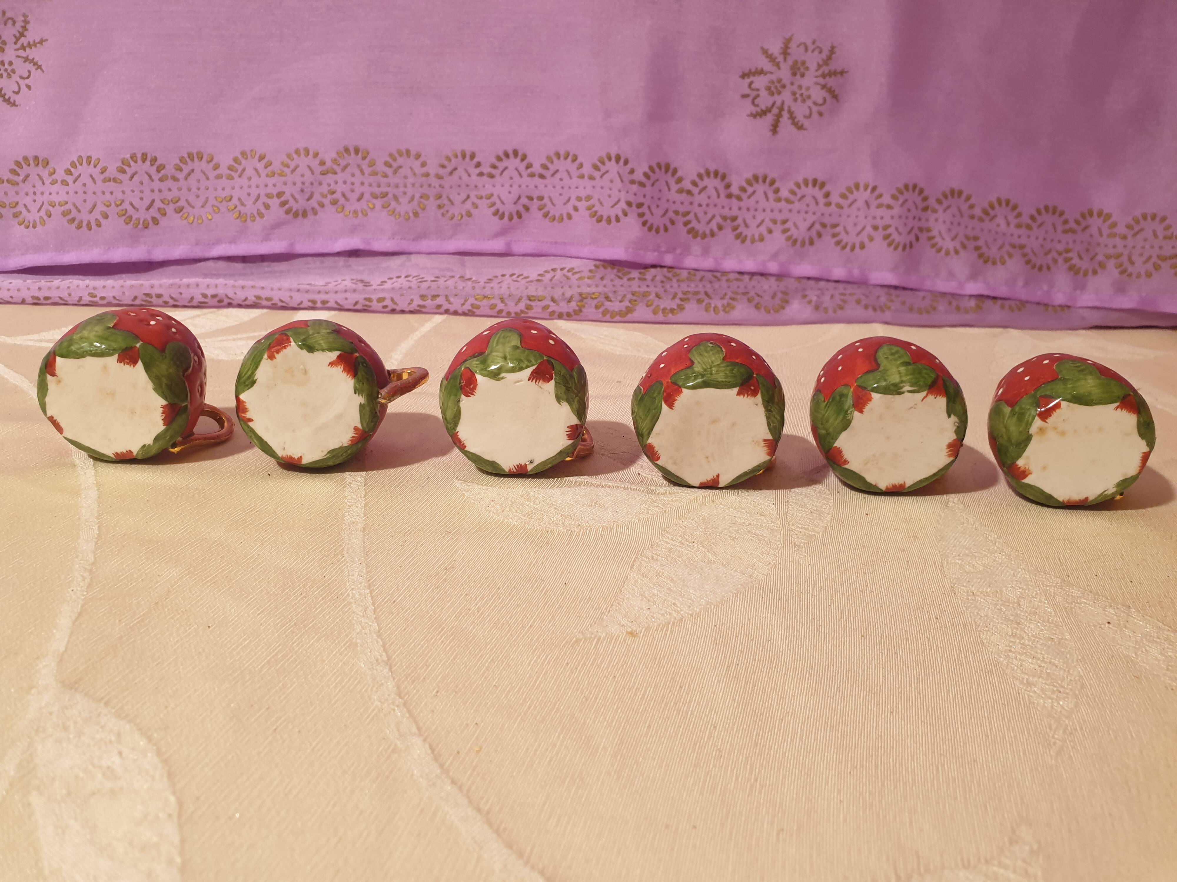 Old strawberry liqueur service carafe 6 small porcelain cups biscuit barbotine