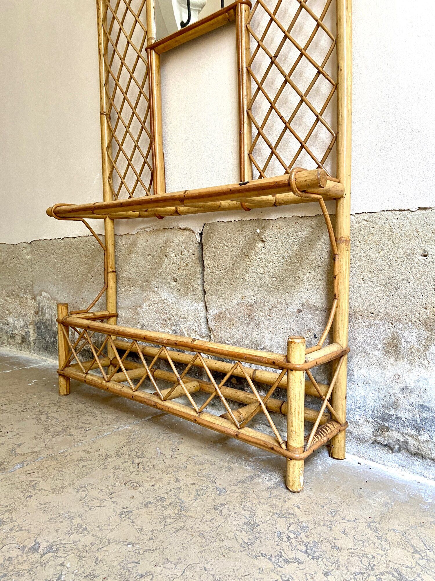 Wall-mounted coat rack with mirror and umbrella stand, 1950s-60s