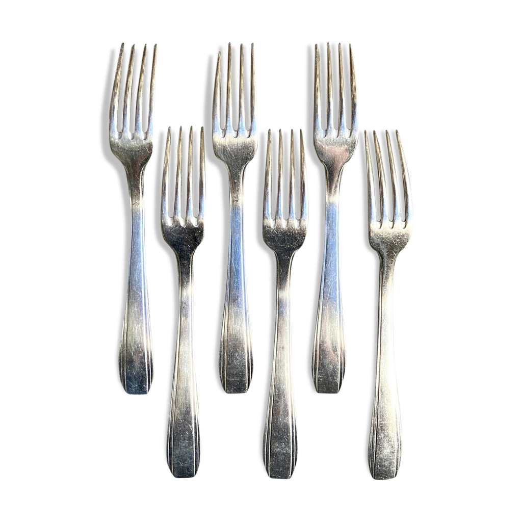 6 Fourchettes à Gâteaux Art Déco En Métal Argenté (14,5 Cm) - Couvert Ancien