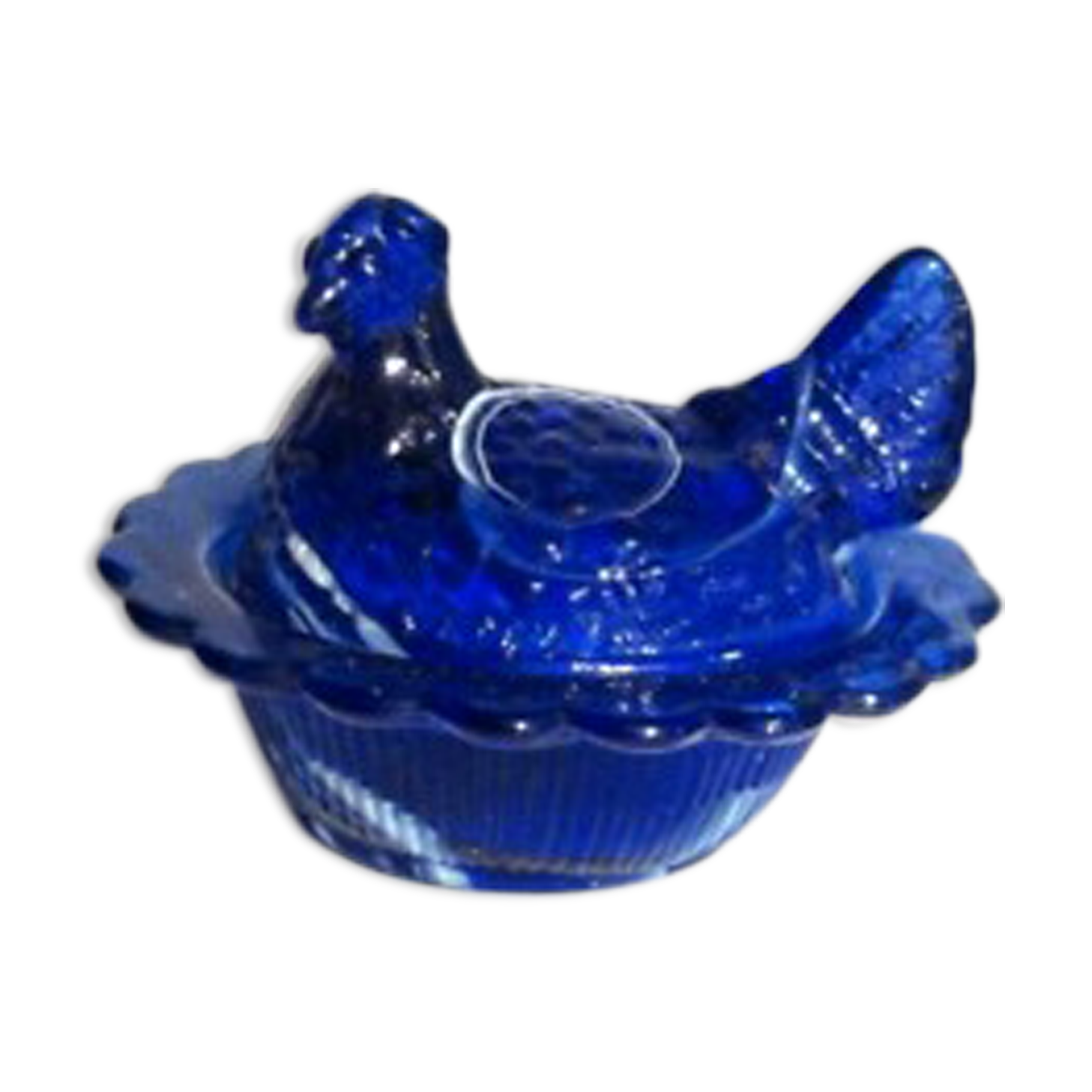 Box slurry hen on her nest, cobalt blue opaline salt shaker, vallérysthal