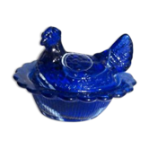 Boite barbotine poule sur son nid, salière opaline bleu cobalt, vallérysthal