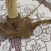 Pair Vintage French Bronze Candlestick Lamps Pleated Fabric Shades