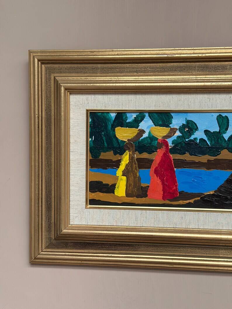 Original Swedish Oil on Panel – "Female Figures by a Stream", attributed to Lars Norrman – Signed – Vintage and Framed – 38 × 74 cm (15 × 29.1 inches)
