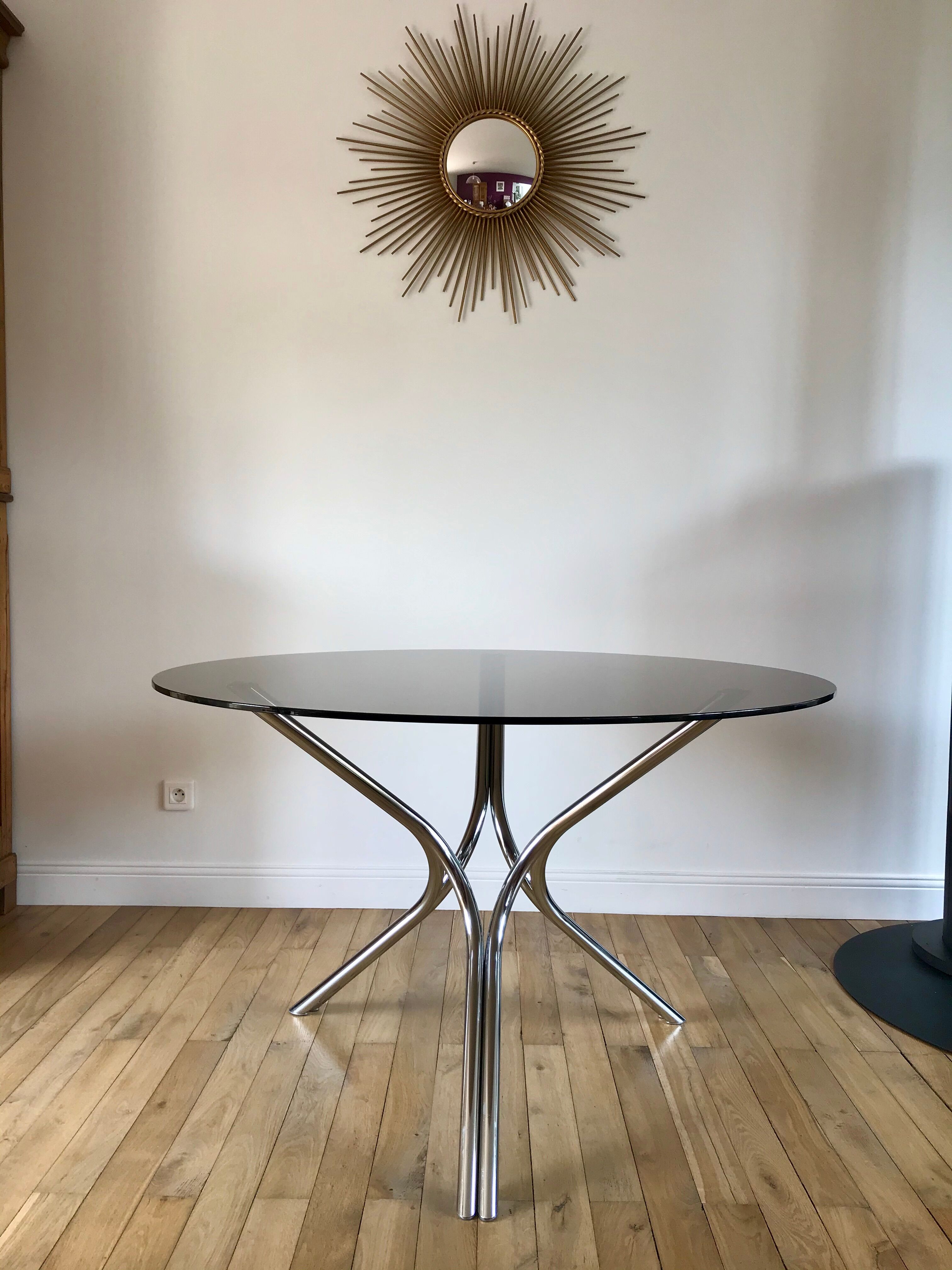 Dining / living table in chrome and smoked glass design 70s