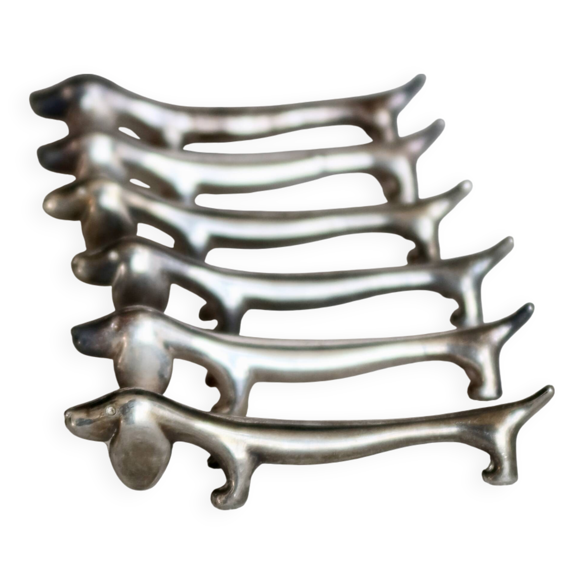 6 Vintage Dachshund Dog Knife Rests – Patinated Silver Metal