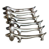 6 Vintage Dachshund Dog Knife Rests – Patinated Silver Metal