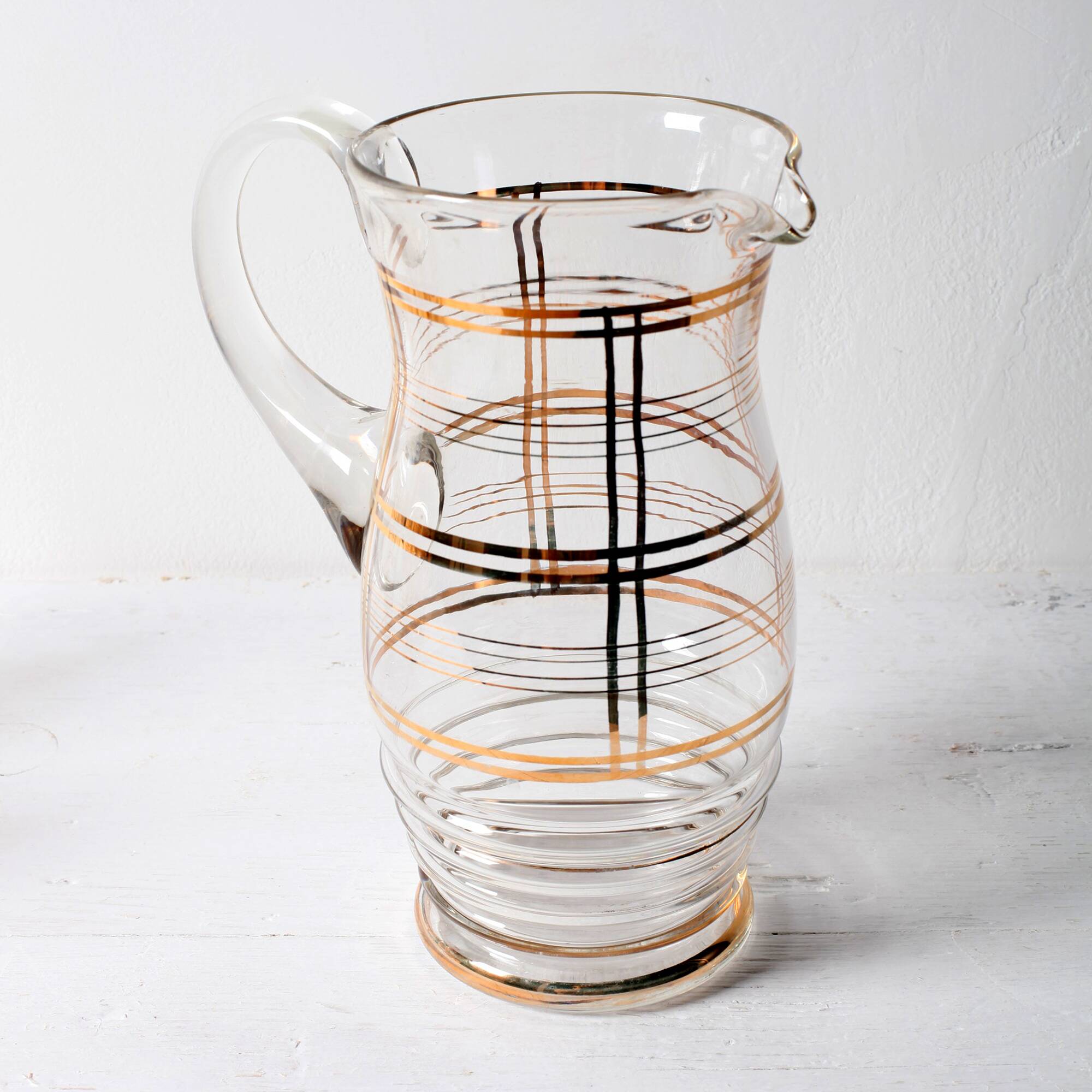 Mid-Century Italian Glass Pitcher & Six Glasses with Golden Details / Italy