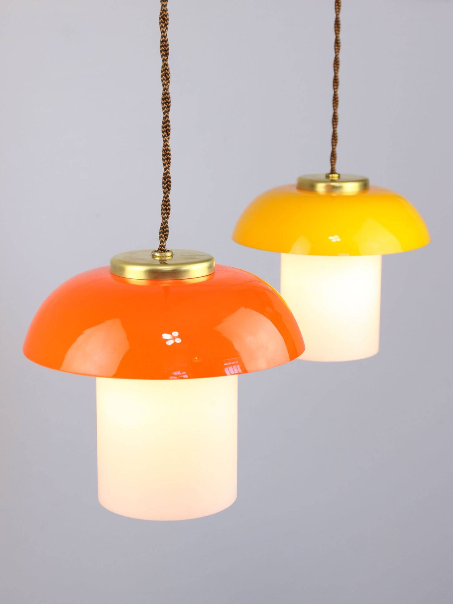 Mid-Century Glass and Brass Mushroom Pendant Lamps, Set of 3