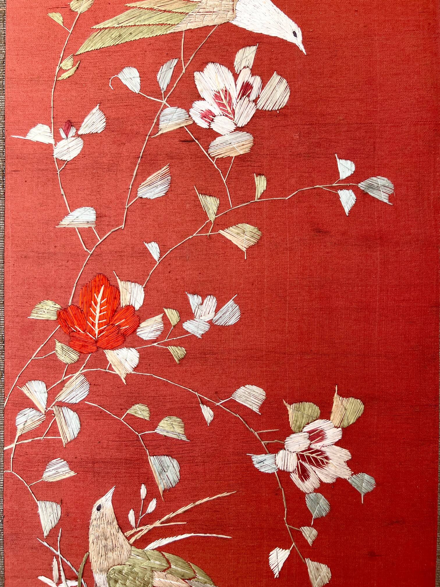 4-panel Japanese screen, 19th century, bird silk embroidery