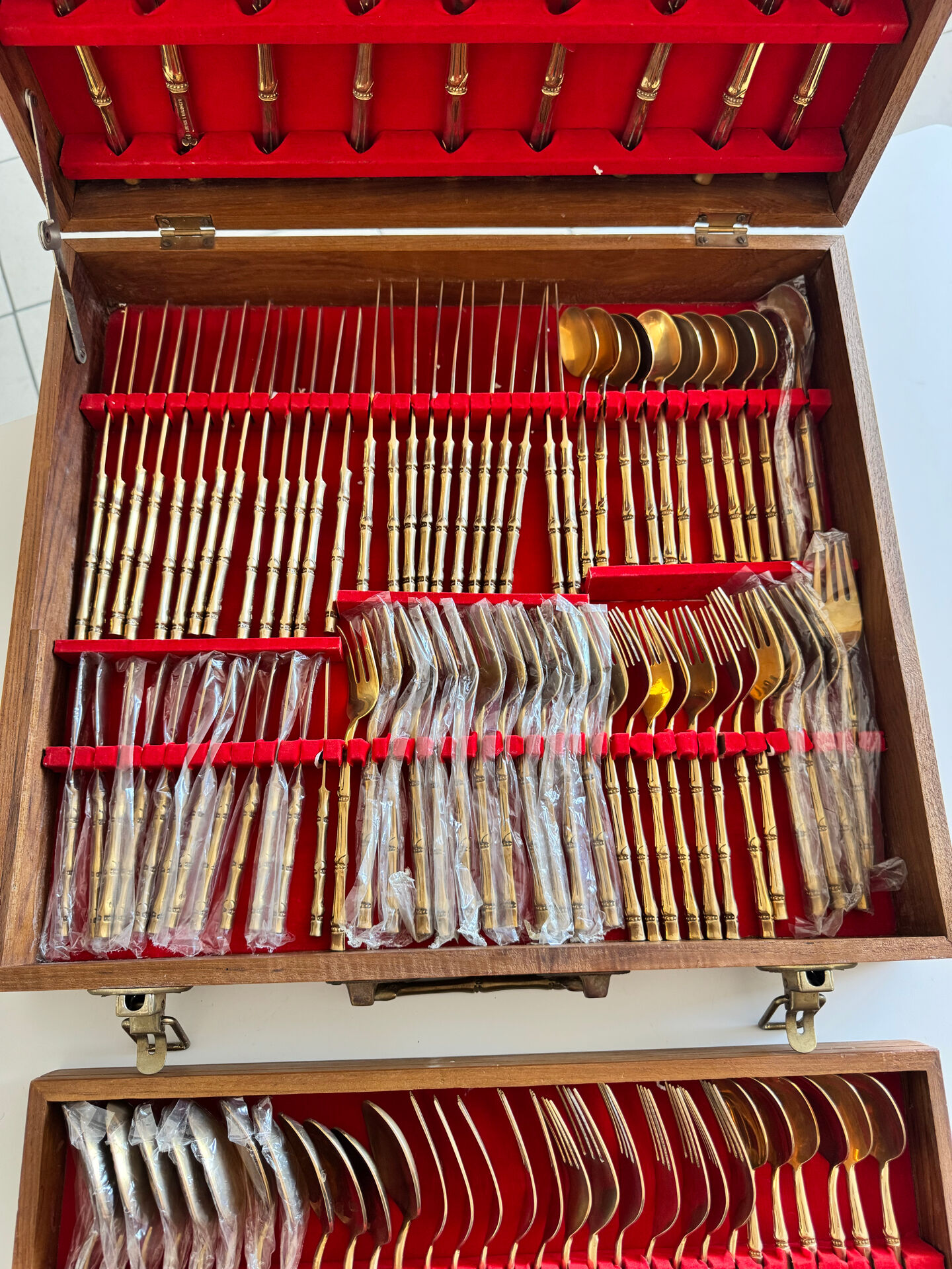 Ménagère complète Nickel Bronze doré Bambou coffret Vintage