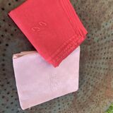Duo set, consisting of two large pink-dyed cotton and linen towels, embroidered, TK monograms