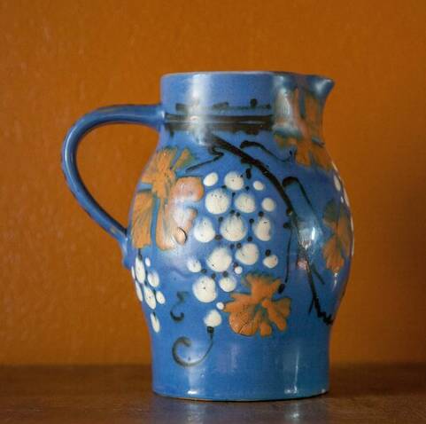 vintage ceramic pitcher, blue ceramic jug, carafe
